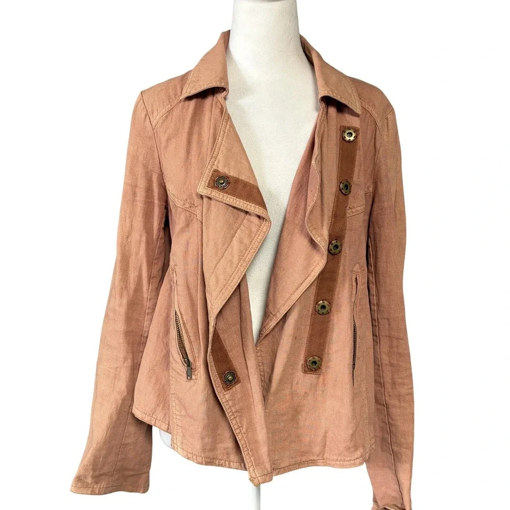 Free People Jacket Womens XS Pink Linen Blend Moto Asymmetrical Zip Biker Canvas
